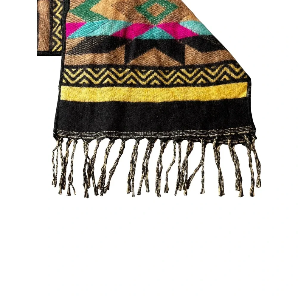 El Paso Saddleblanket Co Southwestern Geometric Fringe Scarf Black Yellow Pink